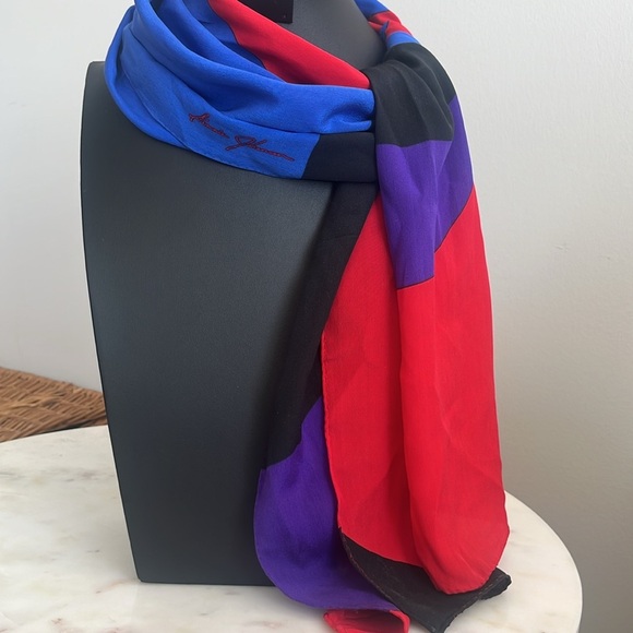 Ginnie Johansen Geometric Modern Art Bold Silk Scarf Red Blue Gold - Picture 8 of 10